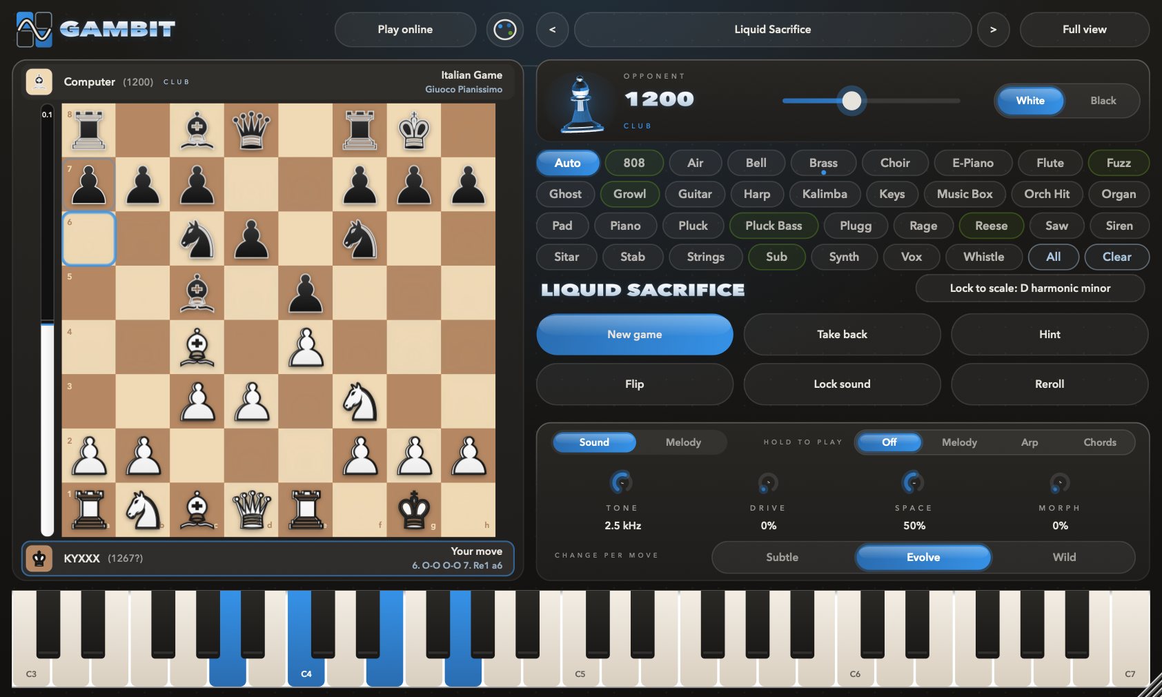 Gambit in the wooden brown board theme, playing the Queen's Gambit Declined.