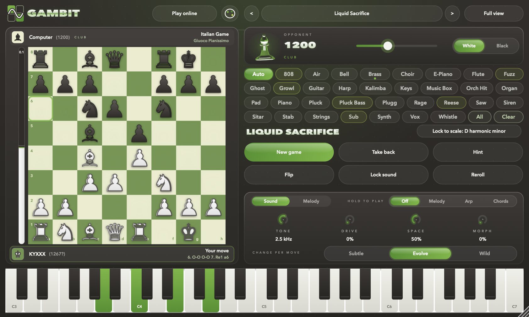 Gambit's compact view with the board on the left, the opponent card, the 32-instrument picker, game buttons and macro knobs on the right, and a keyboard along the bottom.