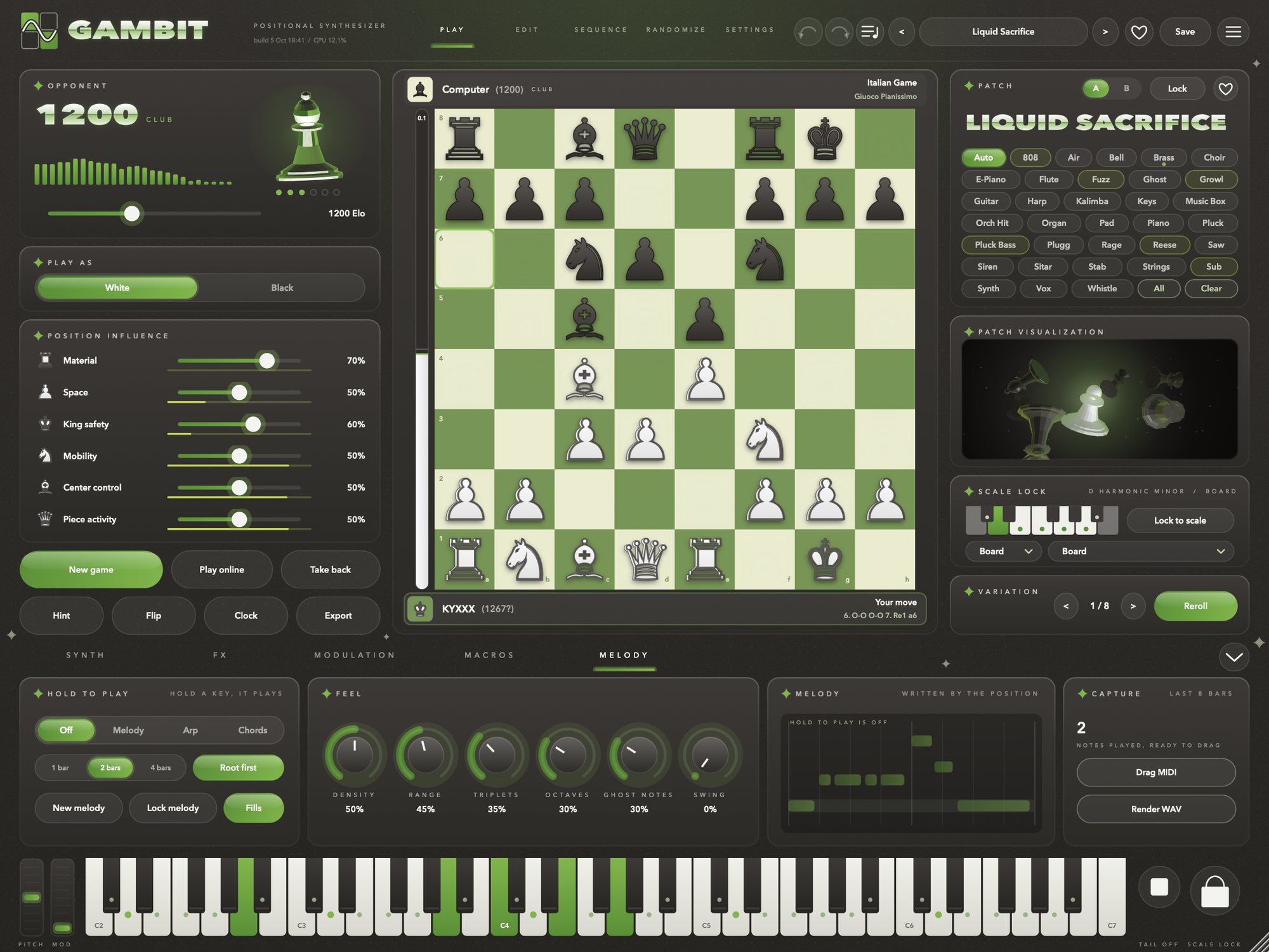 Gambit's full view with the opening name above the board, captured pieces and the move list below it, and the evaluation bar beside it.