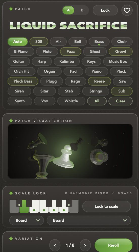 Gambit's patch card showing the generated sound name, the multi-select instrument picker and the 3D patch visualiser.